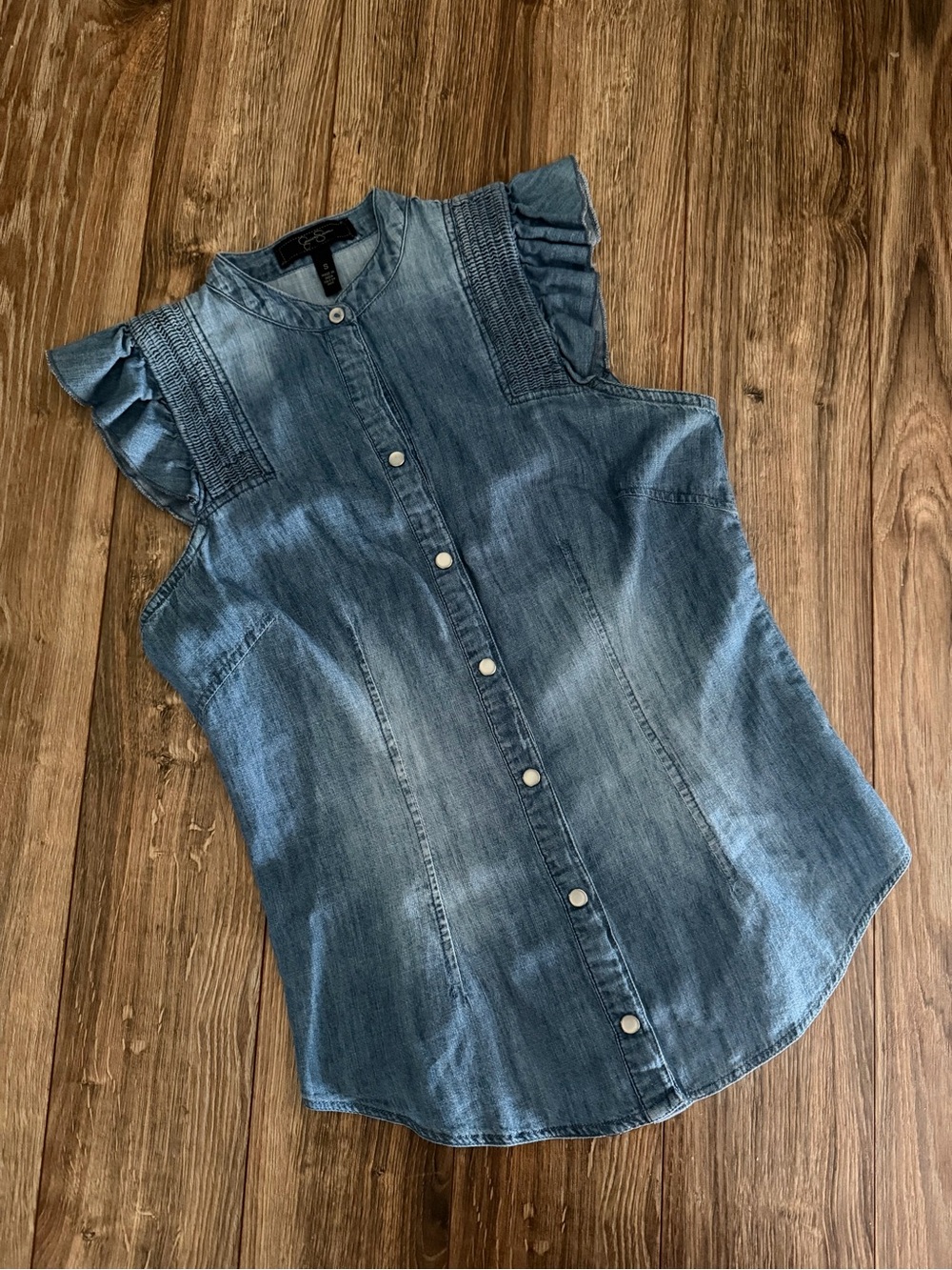 Jessica Simpson Washed Indigo Denim Ruffle-Sleeve Button Front Blouse
